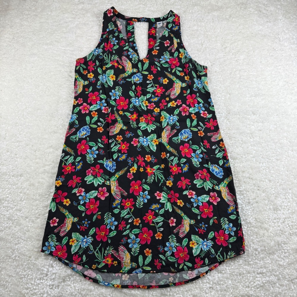 Old Navy Dress Womens Medium Black Floral Hummingbird Sleeveless‎ Rayon Mini
